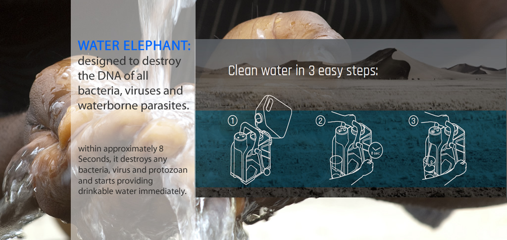 Water elephant destroys the DNA of all bacteria, viruses and
waterborne parasites.